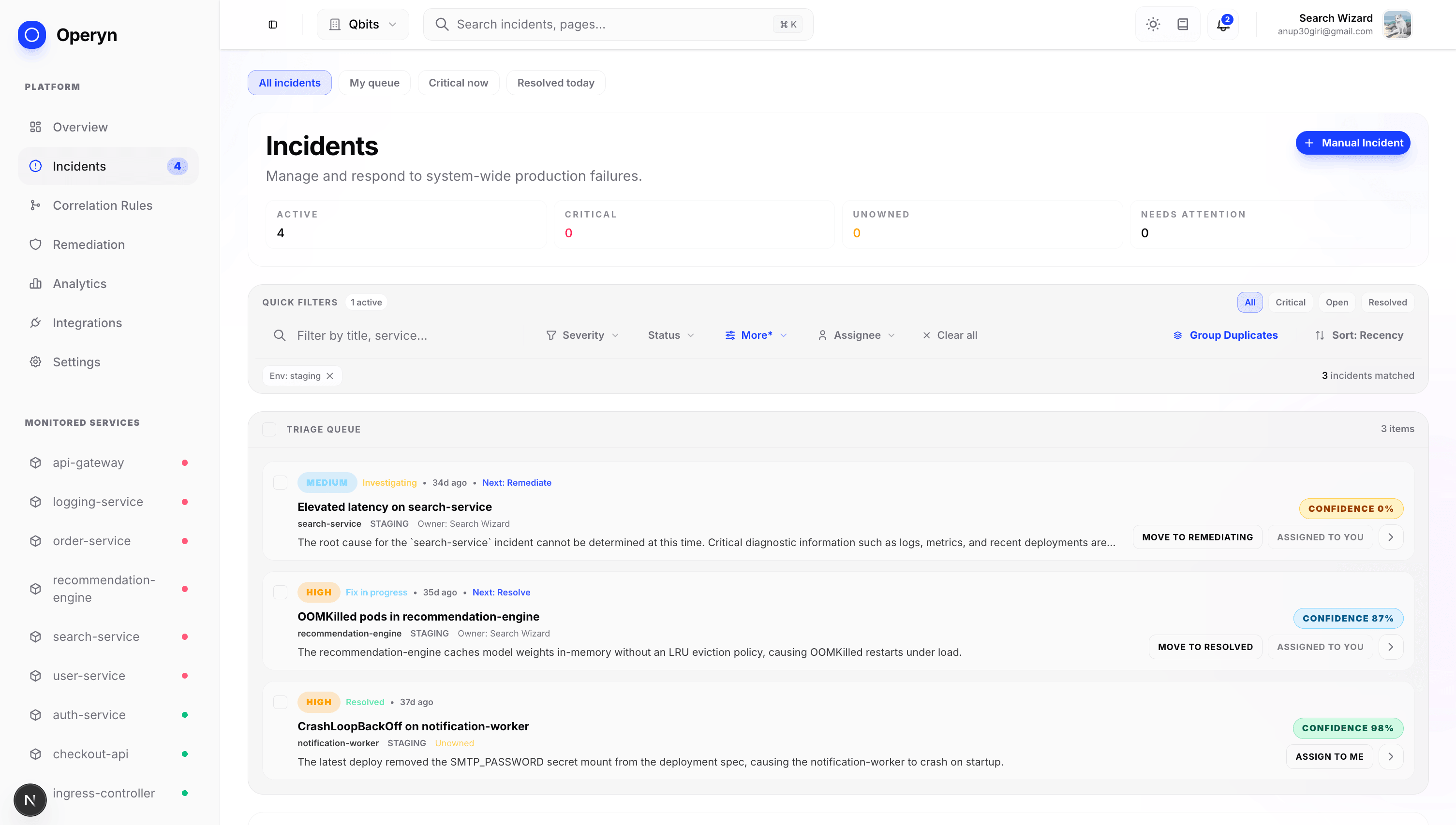 Nirofy Incidents Dashboard Light Mode — AI-powered triage queue