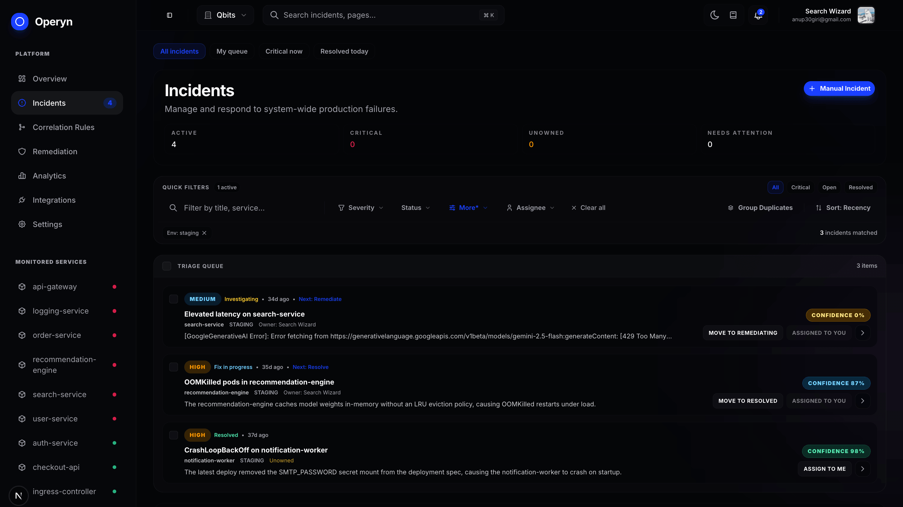 Nirofy Incidents Dashboard Dark Mode — AI-powered triage queue
